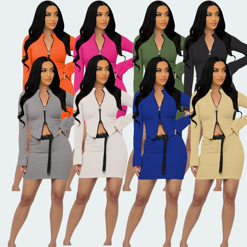 Solid Color Tops and Skirts Sets Double Zipper Tracksuits Women 2 Piece Outfits