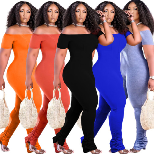 Casual Women's Clothing Off Shoulder Solid Color Pit Long Stacked Jumpsuit