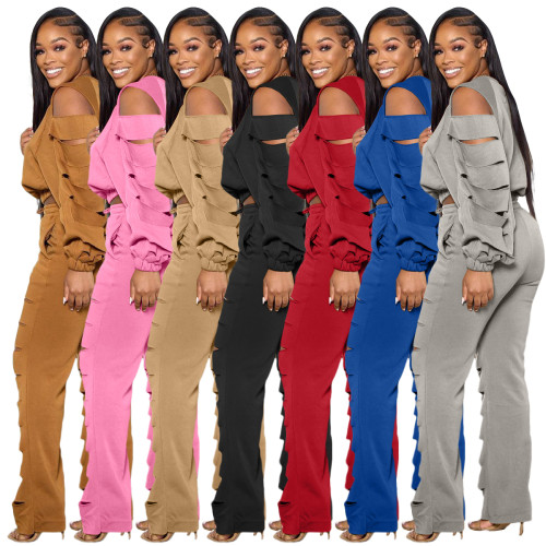 Fashion Women's Ripped Burn Out Long Lantern Sleeve Sloping Shoulder Pants Set Outfits