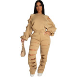 Fashion Women's Ripped Burn Out Long Lantern Sleeve Sloping Shoulder Pants Set Outfits