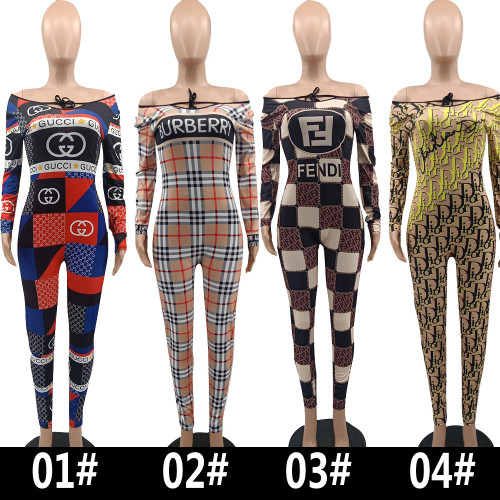 Women Loungewear Casual Fashion Print Zipper Long Sleeve Adjustable Collar Jumpsuit