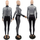 Women Elegant Two-Pieces Jacket Sets Female Print Zip Coat & Pant Sets