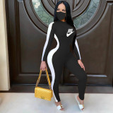 Women Crew Neck Long Sleeves Side Patchwork Bodycon Club Sporty Long Jumpsuit without Mask