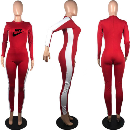 Women Crew Neck Long Sleeves Side Patchwork Bodycon Club Sporty Long Jumpsuit without Mask