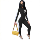 Women Crew Neck Long Sleeves Side Patchwork Bodycon Club Sporty Long Jumpsuit without Mask