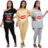 Casual Print Lips Patchwork O Neck Long Sleeve Two Pieces