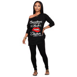 Casual Print Lips Patchwork O Neck Long Sleeve Two Pieces