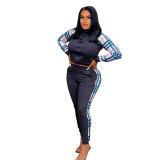 Fashion Casual Side Striped Long Sleeve Printed Stitching Zipper Two Piece Pant Set