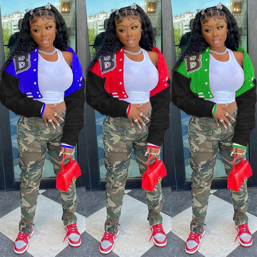 Letter Printing Color Contrast Bomber Casual Jacket