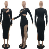 Hollow Out Long Sleeve Asymmetry Dress