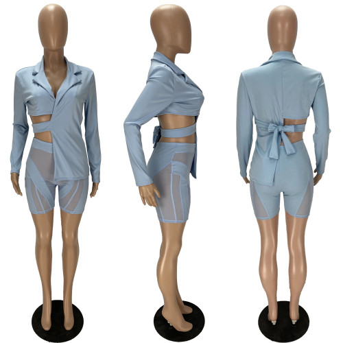 Women Cutout Waist Bowknot Back Blazer and Mesh Short Suit Matching Tracksuit Two 2 Piece Set