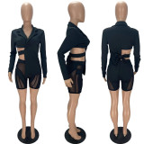 Women Cutout Waist Bowknot Back Blazer and Mesh Short Suit Matching Tracksuit Two 2 Piece Set