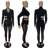 Women Cutout Waist Bowknot Back Blazer and Mesh Long Suit Matching Tracksuit Two 2 Piece Set