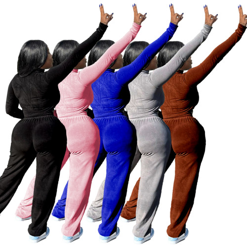 Women's Solid Color Loose Velvet Long Sleeve High Neck Sweatshirt and Long Pants Set