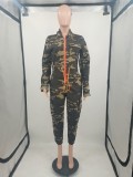 Plus Size Fall Women Long Sleeve Drawstring Zipper Bodycon Camouflage Jumpsuits