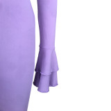 Sexy Backless Bodycon Playsuits Solid Color Long Sleeve Flared Jumpsuit