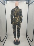 Plus Size Fall Women Long Sleeve Drawstring Zipper Bodycon Camouflage Jumpsuits