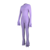 Sexy Backless Bodycon Playsuits Solid Color Long Sleeve Flared Jumpsuit