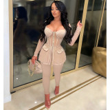 Sexy Outfits for Women Clubwear 2 Piece Scoop Neck Mesh Patchwork Top & Lace Up Bodycon Pants Nightclub Tracksuits