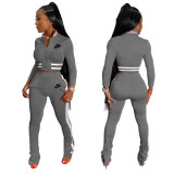Womens Casual 2PC Solid Color Long Sleeve Crop Top Jacket Leggings Pants