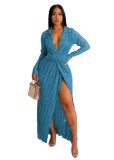 Elegant Lady Casual Split Dress V Neck Long Sleeve Fall Winter Sexy Women Maxi Pleated Dresses