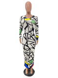 Fashion Casual Round Neck Long Sleeve Position Print Maxi Dress