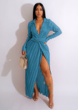 Elegant Lady Casual Split Dress V Neck Long Sleeve Fall Winter Sexy Women Maxi Pleated Dresses