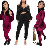Casual Solid Gold Velvet Patchwork Zipper Turndown Collar Long Sleeve Two Pieces