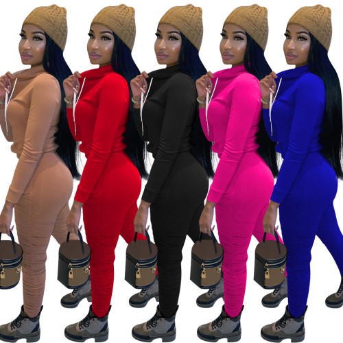 Women's Hoodies Two Piece Pantsuit Hooded Long Sleeve Sweatshirt and Ruched Bodycon Trouser Female Clothes