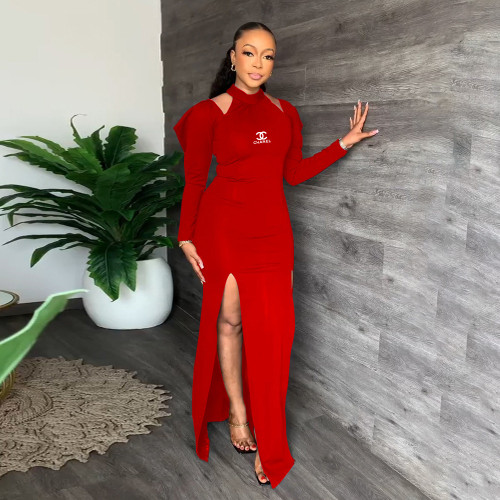2022 Woman Elegant Cold Shoulder Long Sleeve Female Wedding Casual Evening Dress with Belt