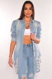Women's Casual Distressed Ripped Single-breasted Long Denim Jacket