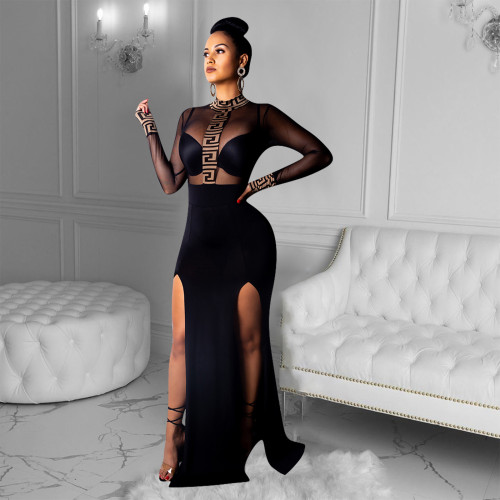 Sexy Long Sleeves O neck Asymmetrical Floor-Length perspective Patchwork Maxi Dress - Black, 2XL