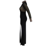Sexy Long Sleeves O neck Asymmetrical Floor-Length perspective Patchwork Maxi Dress - Black, 2XL