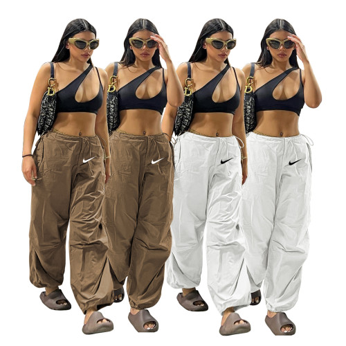 Solid Color Printed Cargo Loose Casual Pants