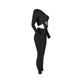 Sexy Women's Lowcut Long Sleeves Draped Solid Skinny 2pcs Clubwear