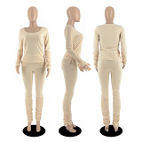 New Stylish Women Long Sleeves Patchwork Solid Stacked Skinny Casual Pants Set