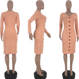 Autumn Button Women Elegant Full Sleeve Casual Midi Bodycon Dress