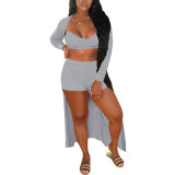 Solid Straps Top Track Shorts Set With Open Front Robe