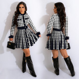 Girl's Houndstooth Print Button Front Long Sleeve Pleated Dress