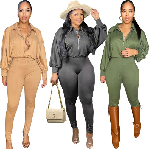 Solid Color Turndown Neck Zipper Ladies Jumpsuit