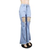 Ripped Frayed Washed Flare Leg Jeans