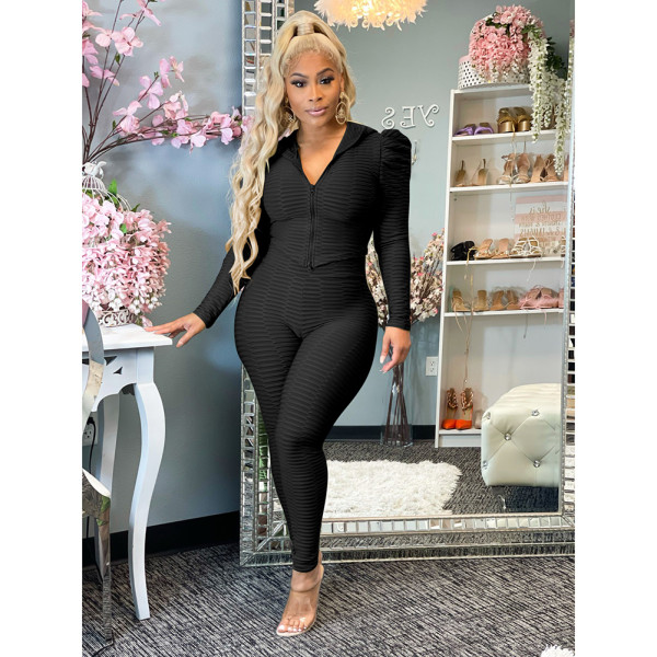 Stylish Women Long Sleeves Zipper Solid Patchwork Bodycon 2pcs Outfits