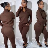 Solid Color Fleece Long Sleeve Pullover Tops And Sport Pant Two Piece Set