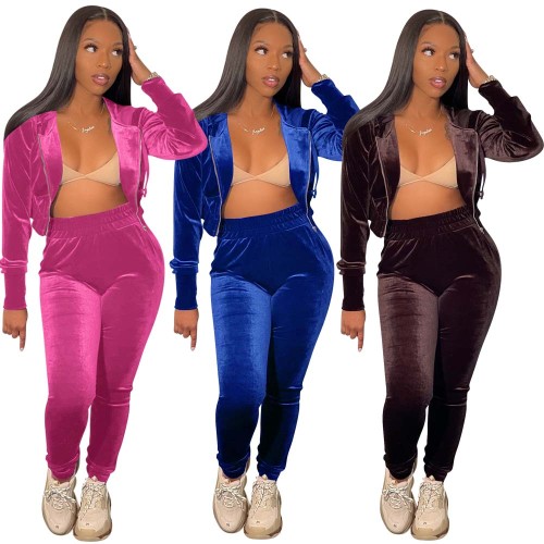Solid Velour Jogger Two Piece Set Women Zipper Long Sleeve Hooded Crop Jackets and Bodycon Sweatpant