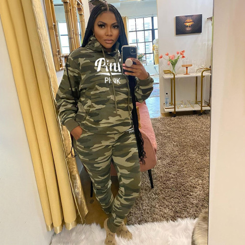 2PCS Autumn Winter Clothes Camouflage Women Tracksuit Casual Hoodies Sweatshirt Pants Set