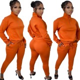 Solid Color Fleece Long Sleeve Pullover Tops And Sport Pant Two Piece Set