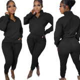Casual High Neck Long Sleeve Zippered Solid Color Sweatshirt 2 Pieces with Pockets