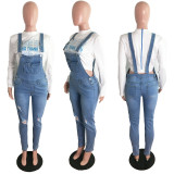 Women Ripped Jeans Suspender Sexy Spaghetti Strap Blue Bodycon Causal Overalls Jumpsuit