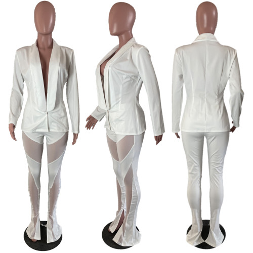 Solid Color Fashion Deep V Neck Blazer And Mesh Splicing Pant 2 Piece Set