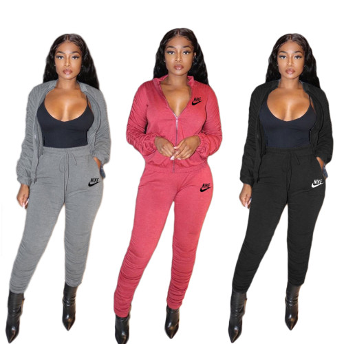 Casual Printed High Neck Zipper Cardigan Jacket Pleated Tracksuit Set
